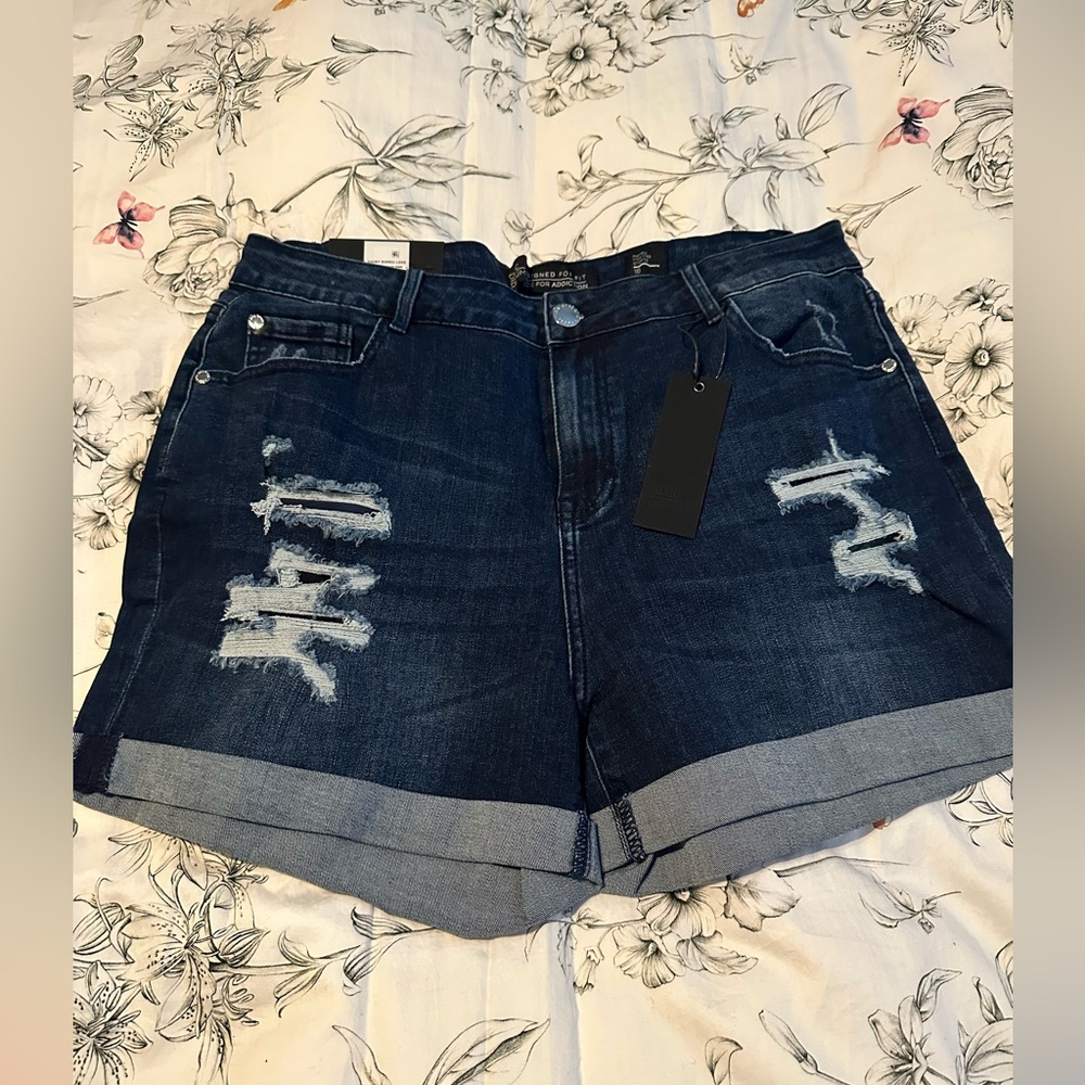 City Chic Dark Blue Distressed Jean Shorts
